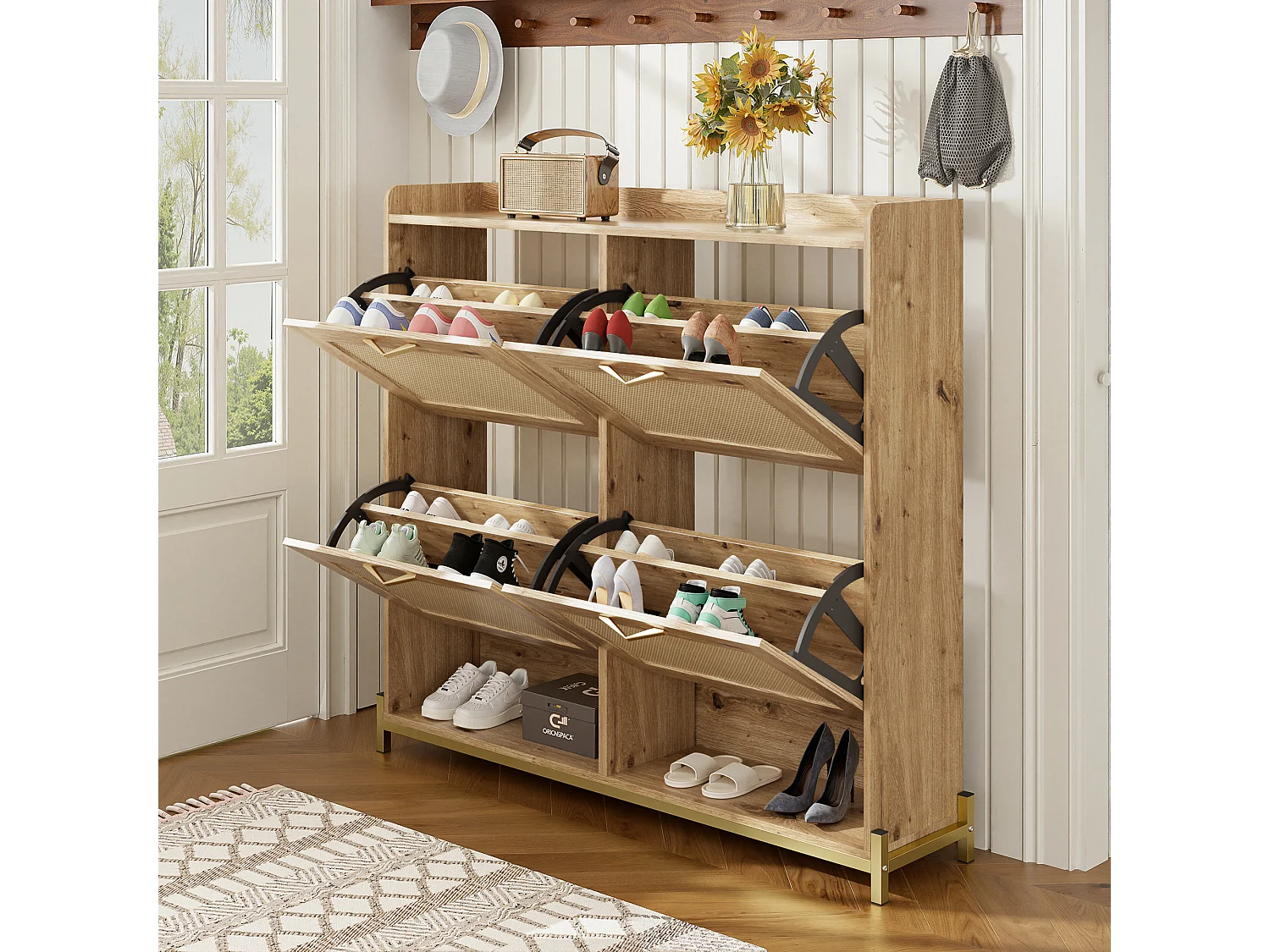 Meuble à chaussures en bois avec portes en rattan, métal, 4 portes, (108.5x24x100 cm)