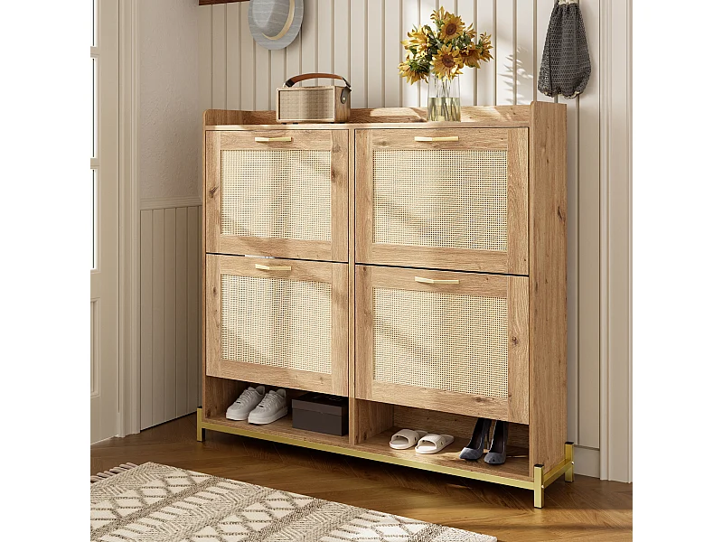 Meuble à chaussures en bois avec portes en rattan, métal, 4 portes, (108.5x24x100 cm)