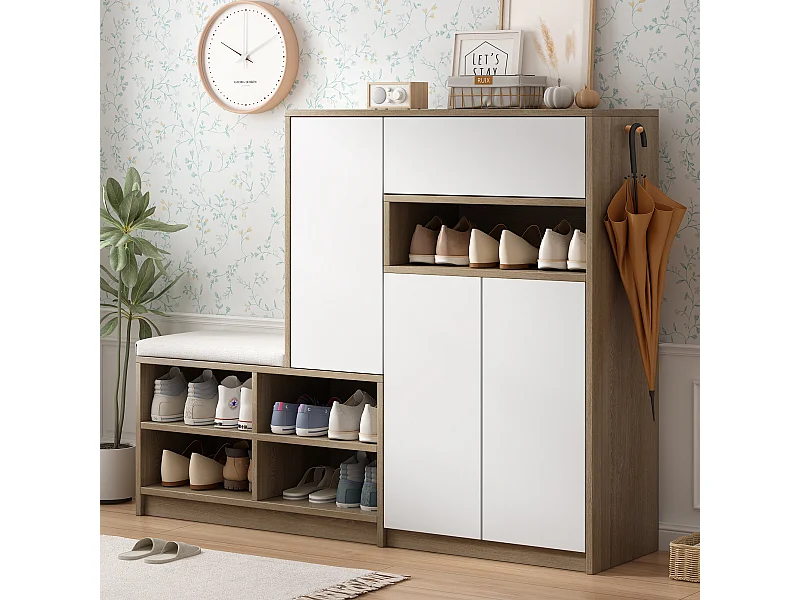 Panca portascarpe con cuscino, scarpiera multifunzionale con ripiani regolabili per corridoio, bianco, (140x35x110 cm)