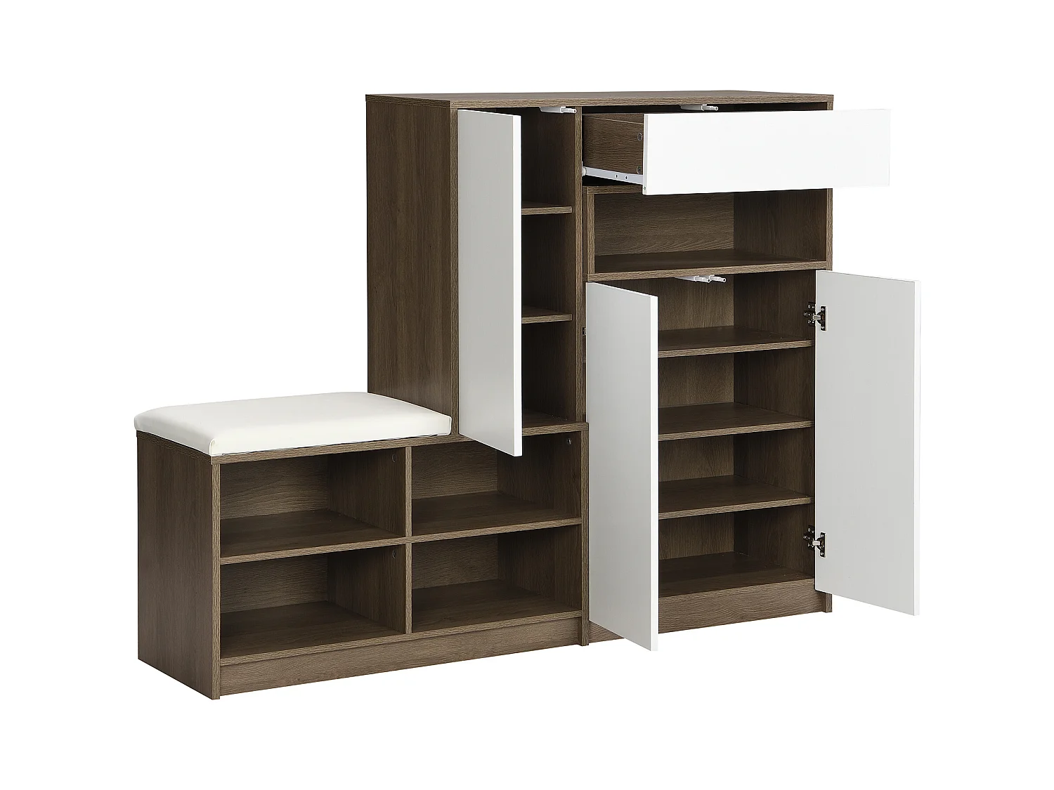 Banc de rangement pour chaussures avec coussin, étagère à chaussures multifonctionnelle, avec étagères réglables, pour hall, blanc, (140x35x110 cm)