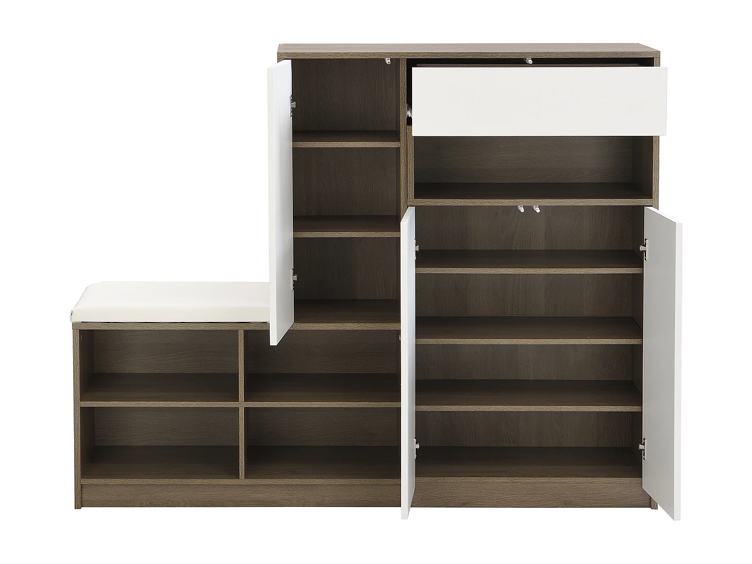 Banc de rangement pour chaussures avec coussin, étagère à chaussures multifonctionnelle, avec étagères réglables, pour hall, blanc, (140x35x110 cm)