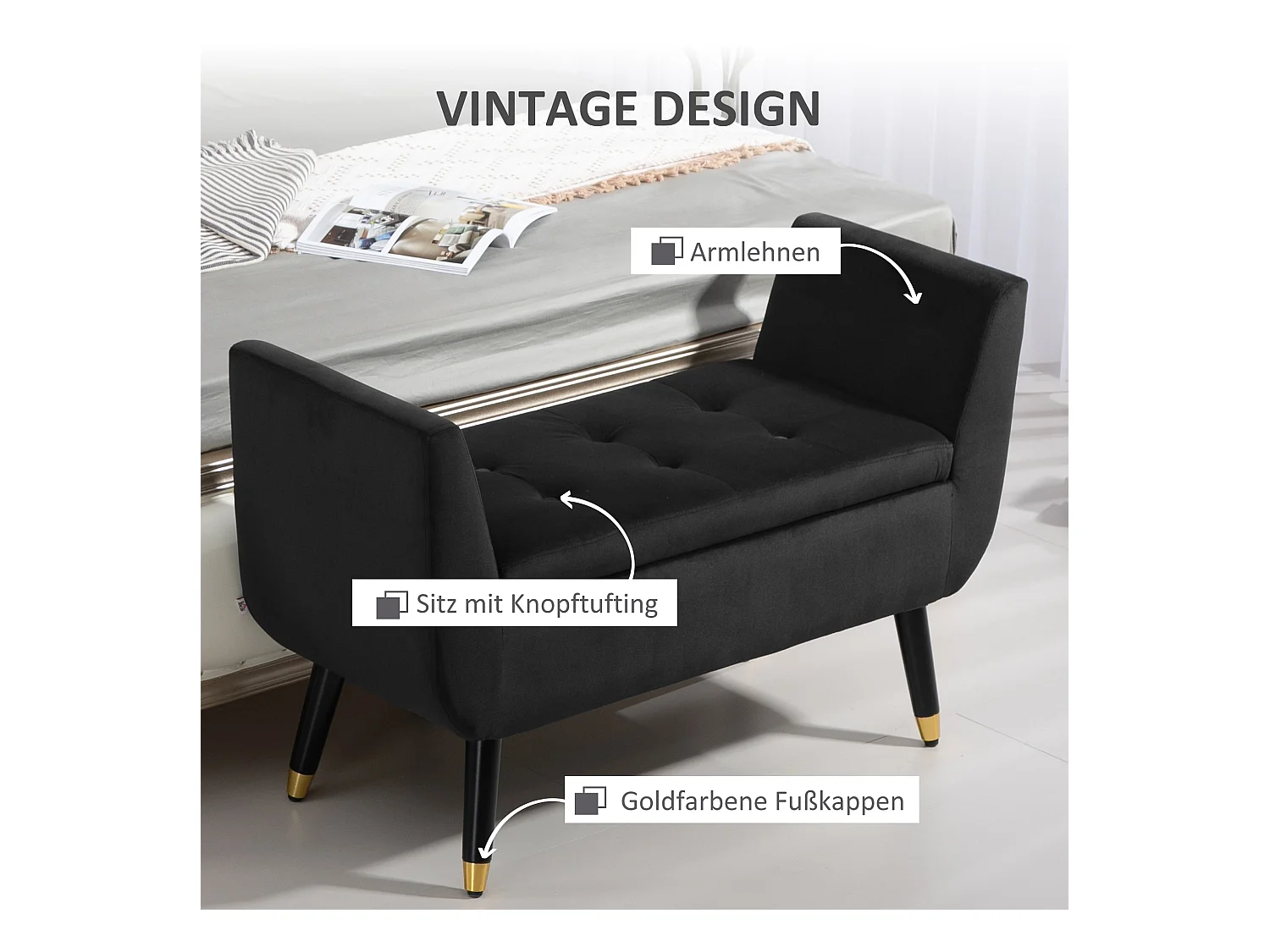 Bank met armleuningen en opbergruimte, fluweel polyester, rubberhout, donkergrijs (107x42x65 cm)