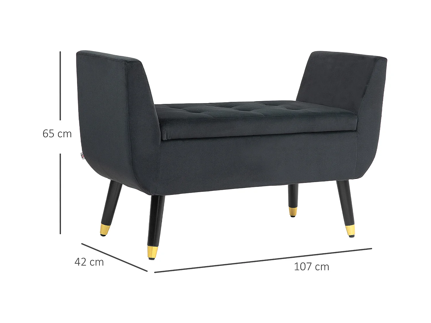 Banc avec accoudoirs et rangement, polyester velours, bois caoutchoutier, gris foncé (107x42x65 cm)