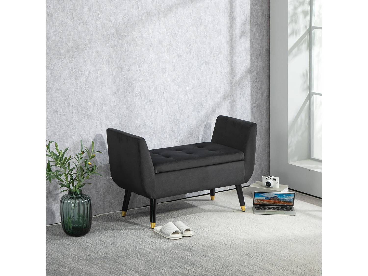 Banc avec accoudoirs et rangement, polyester velours, bois caoutchoutier, gris foncé (107x42x65 cm)