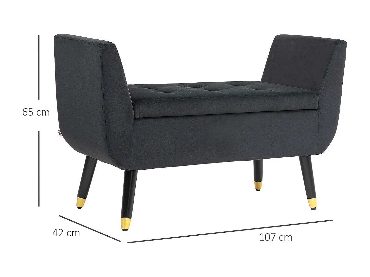 Banc avec accoudoirs et rangement, polyester velours, bois caoutchoutier, gris foncé (107x42x65 cm)