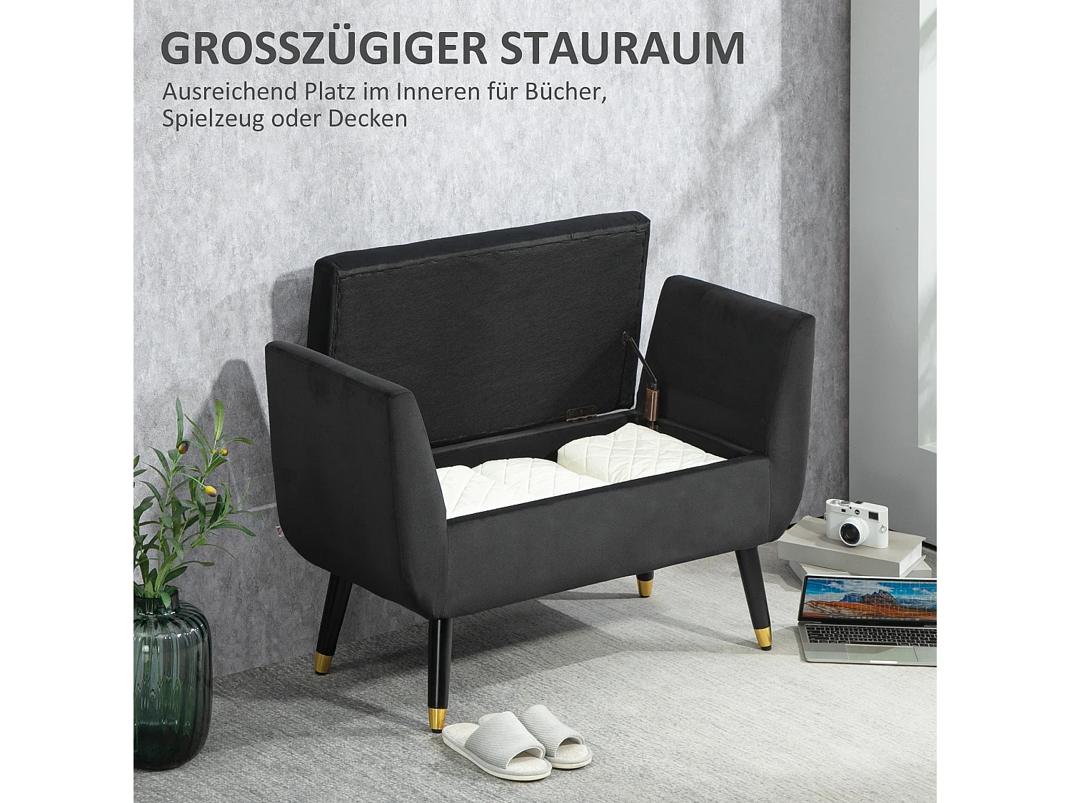 Banc avec accoudoirs et rangement, polyester velours, bois caoutchoutier, gris foncé (107x42x65 cm)