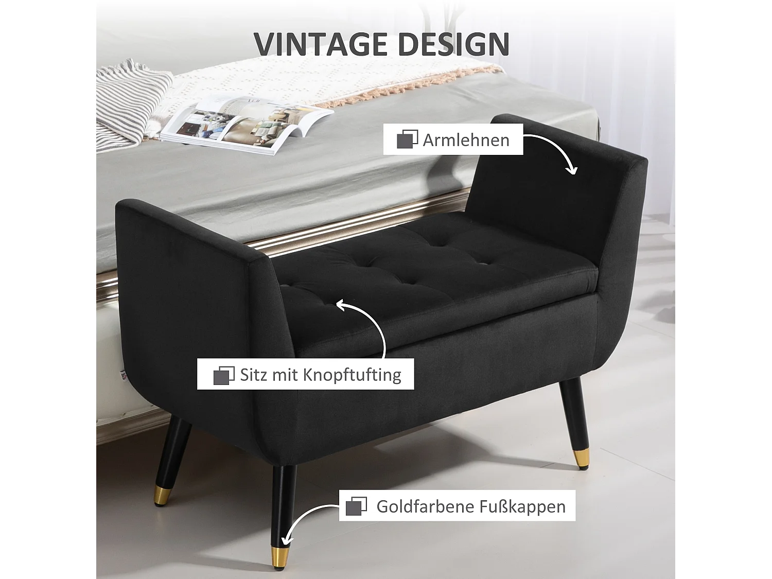 Banc avec accoudoirs et rangement, polyester velours, bois caoutchoutier, gris foncé (107x42x65 cm)