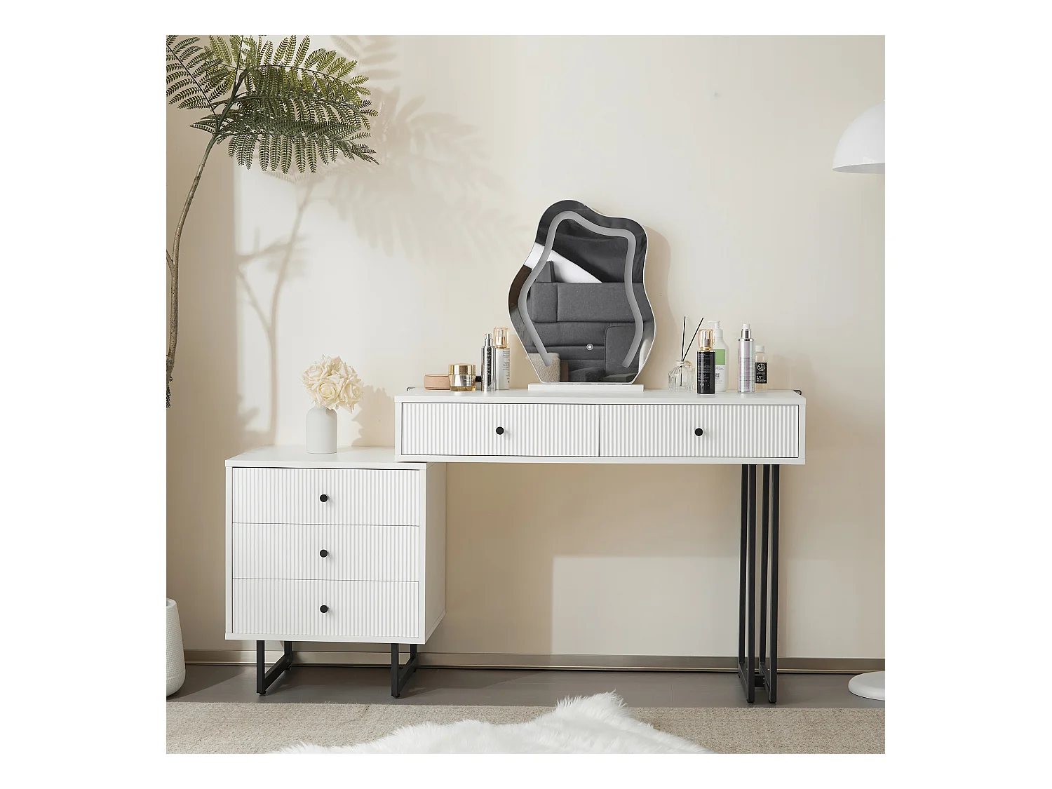 Coiffeuse avec miroir LED et 3 couleurs, table extensible, en bois, blanc (100x40x76 cm)