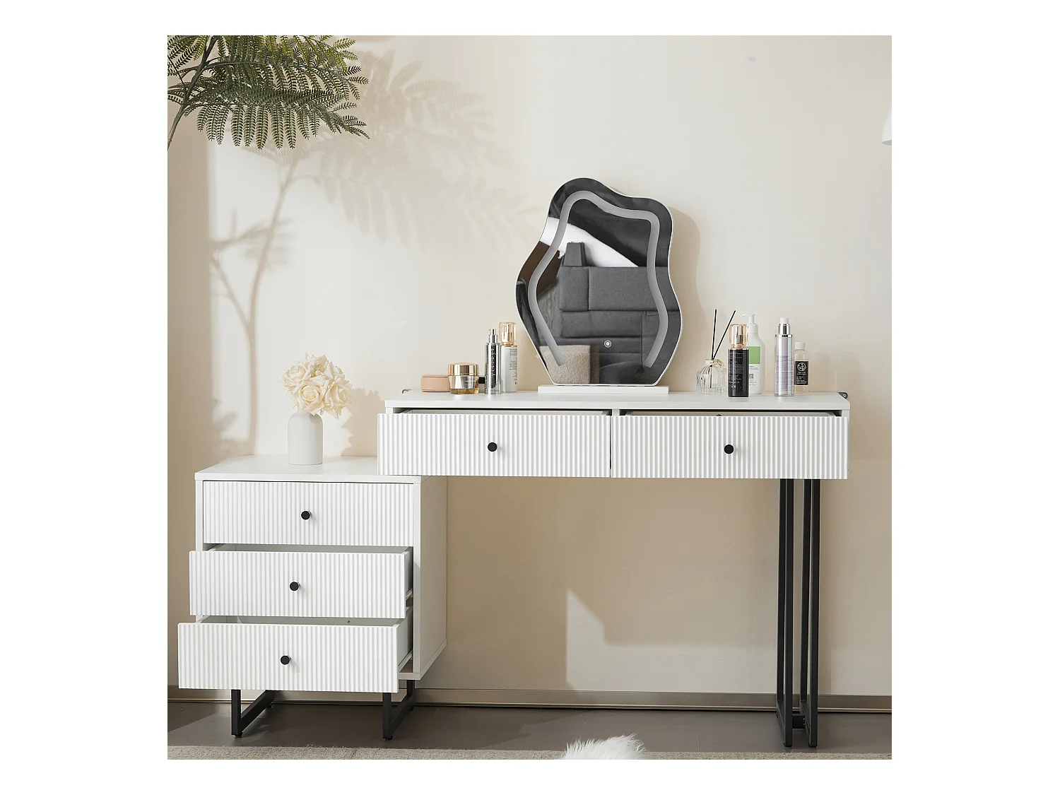 Coiffeuse avec miroir LED et 3 couleurs, table extensible, en bois, blanc (100x40x76 cm)