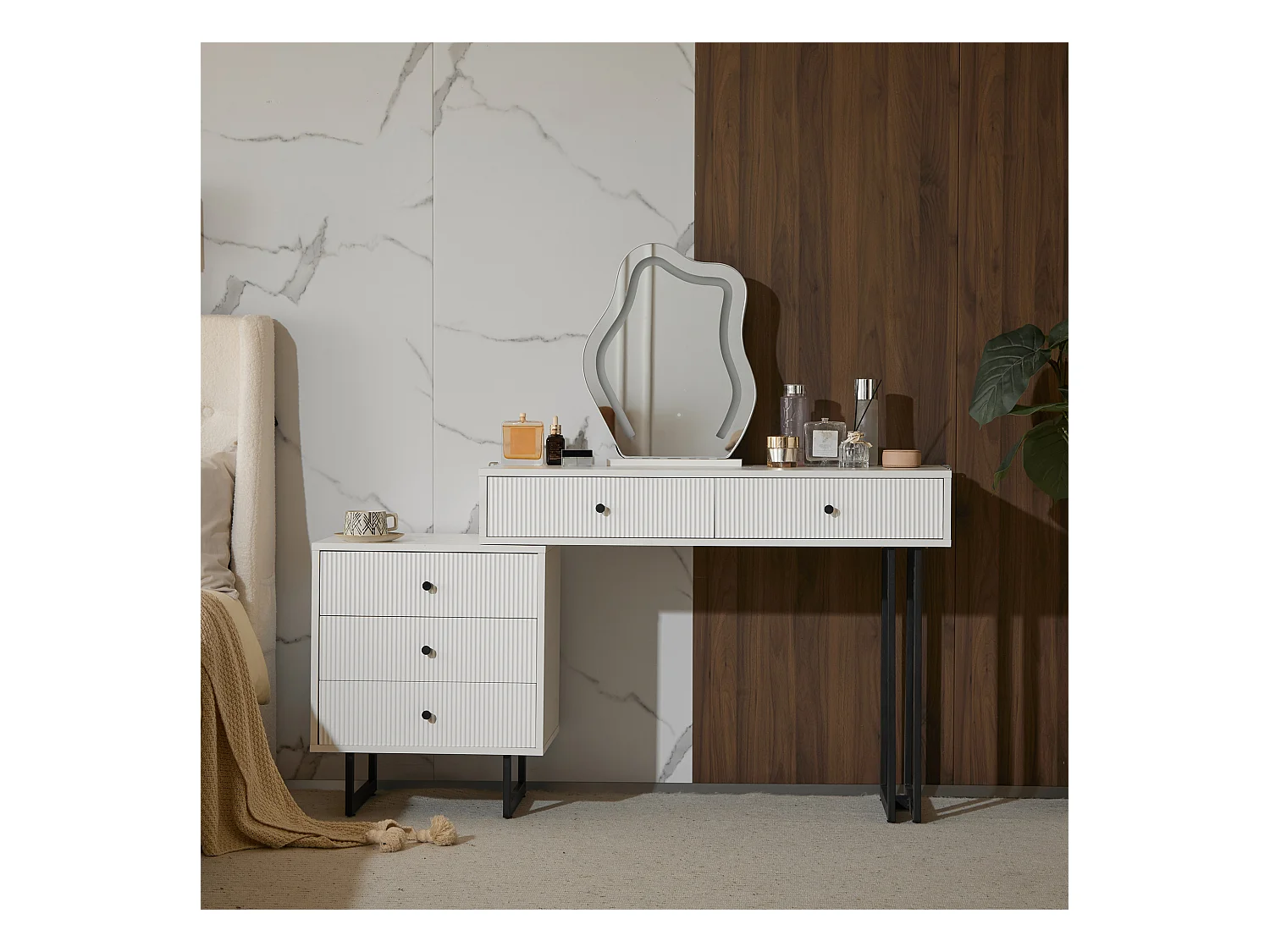 Coiffeuse avec miroir LED et 3 couleurs, table extensible, en bois, blanc (100x40x76 cm)