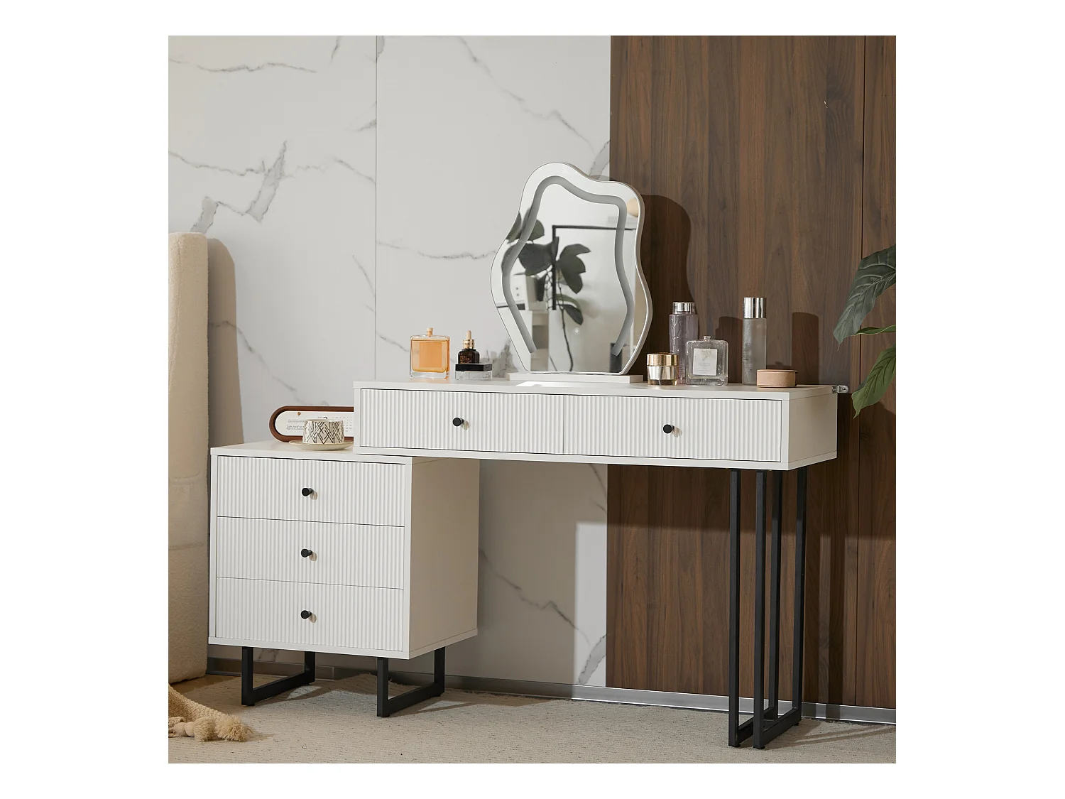 Coiffeuse avec miroir LED et 3 couleurs, table extensible, en bois, blanc (100x40x76 cm)