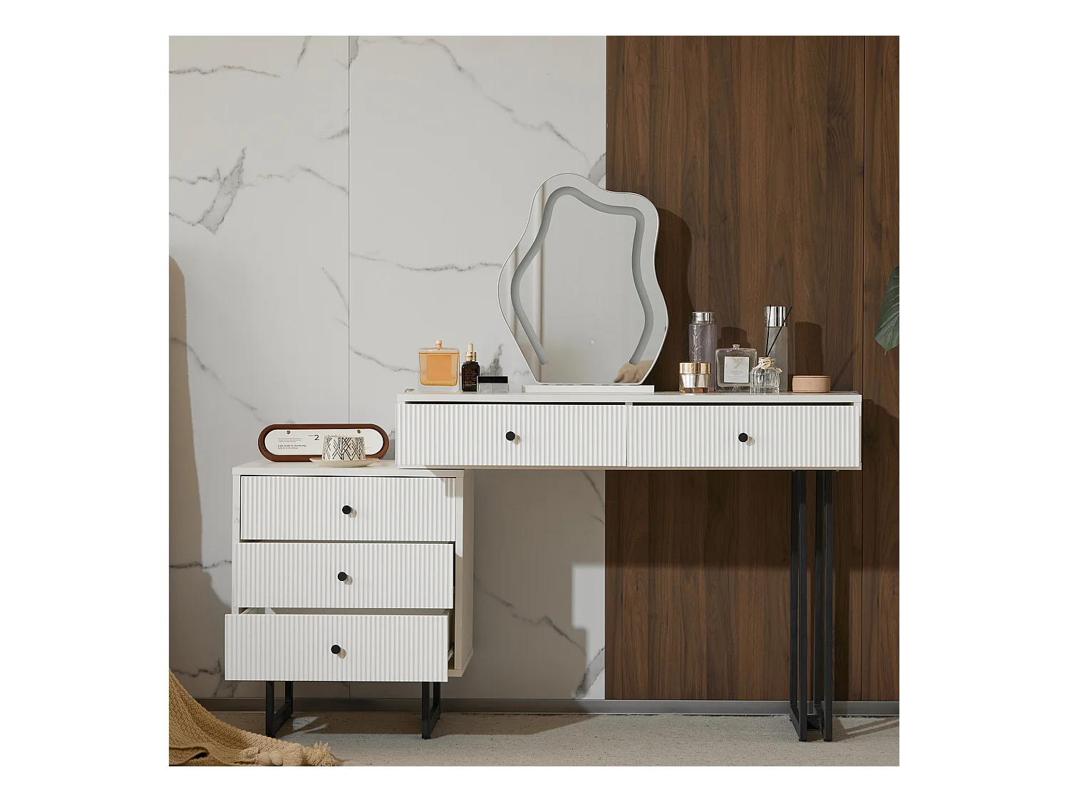 Coiffeuse avec miroir LED et 3 couleurs, table extensible, en bois, blanc (100x40x76 cm)