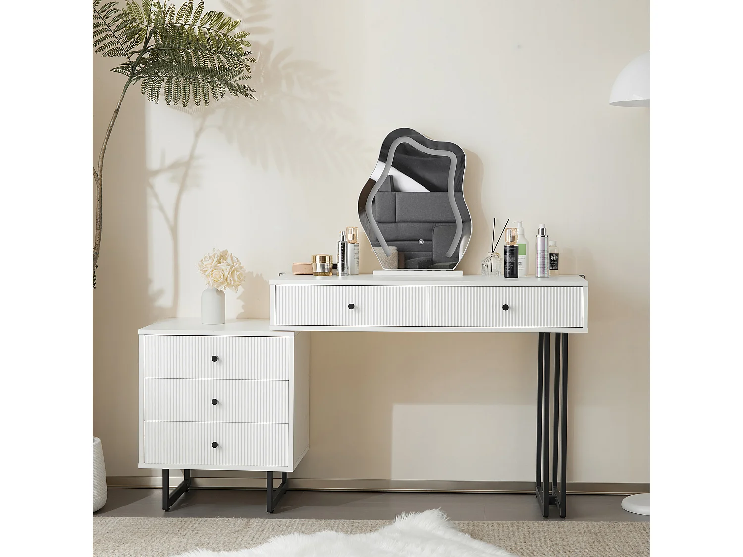 Coiffeuse avec miroir LED et 3 couleurs, table extensible, en bois, blanc (100x40x76 cm)