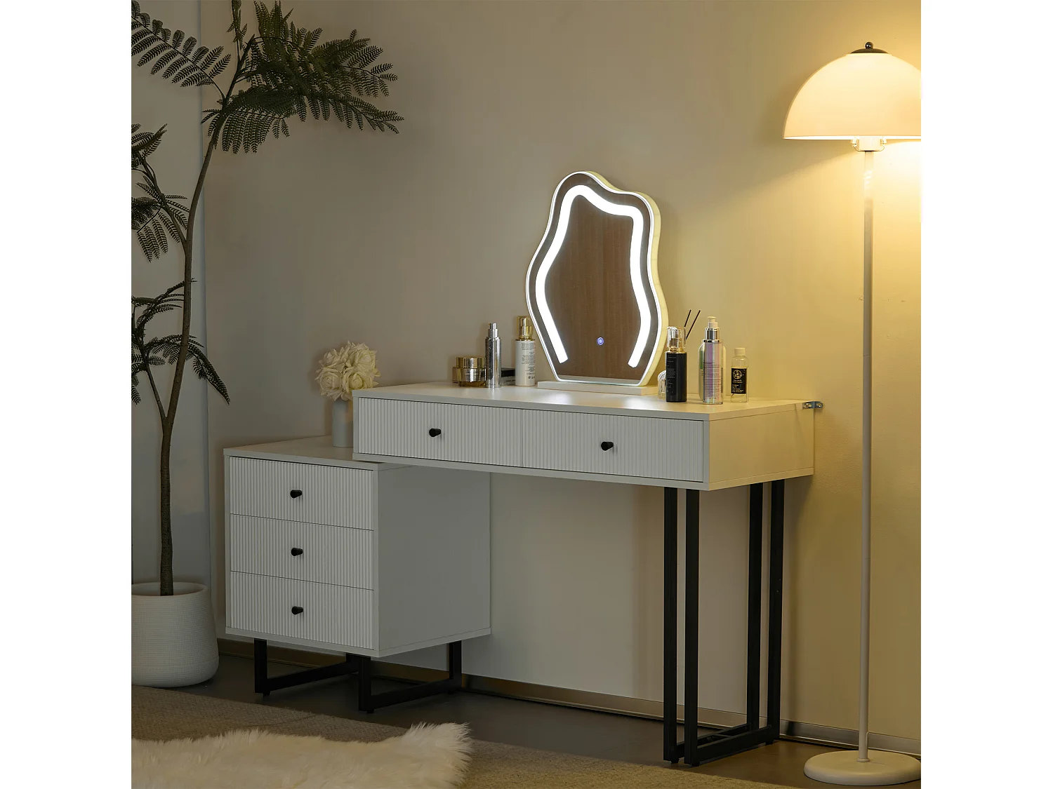 Coiffeuse avec miroir LED et 3 couleurs, table extensible, en bois, blanc (100x40x76 cm)