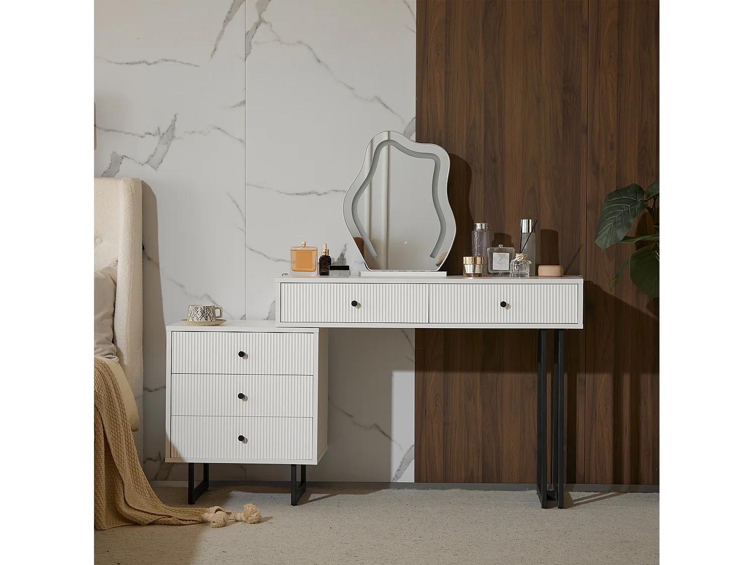 Coiffeuse avec miroir LED et 3 couleurs, table extensible, en bois, blanc (100x40x76 cm)