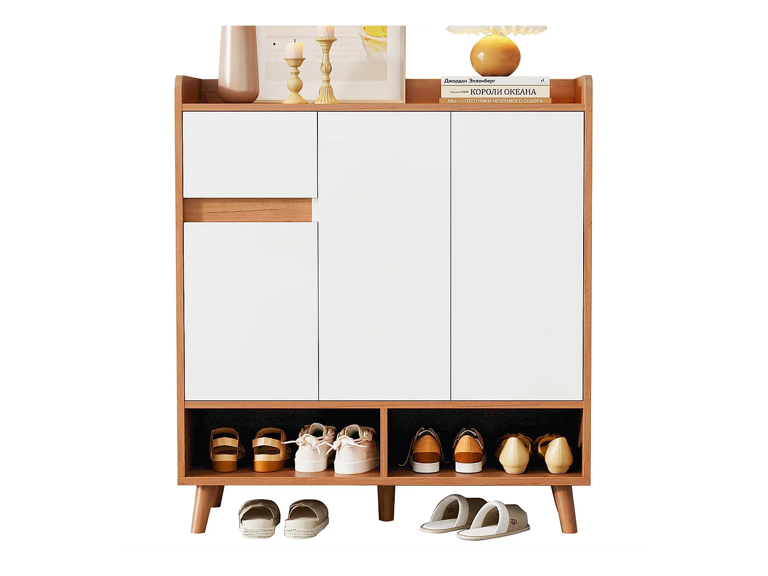 Moderne Schuhschrank avec 2 Schubladen, 4 Türen, étagères réglables, bois massif, blanc (120x35x99 cm)