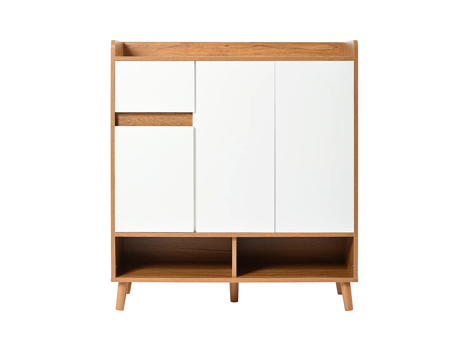 Moderne Schuhschrank avec 2 Schubladen, 4 Türen, étagères réglables, bois massif, blanc (120x35x99 cm)