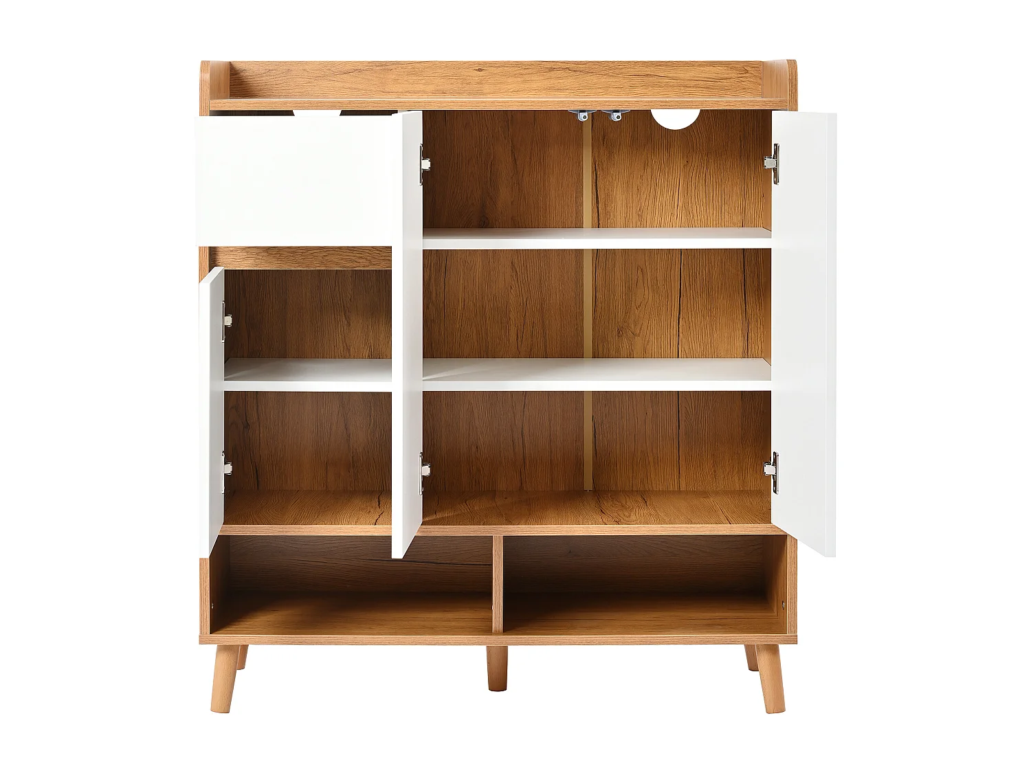 Moderne Schuhschrank avec 2 Schubladen, 4 Türen, étagères réglables, bois massif, blanc (120x35x99 cm)