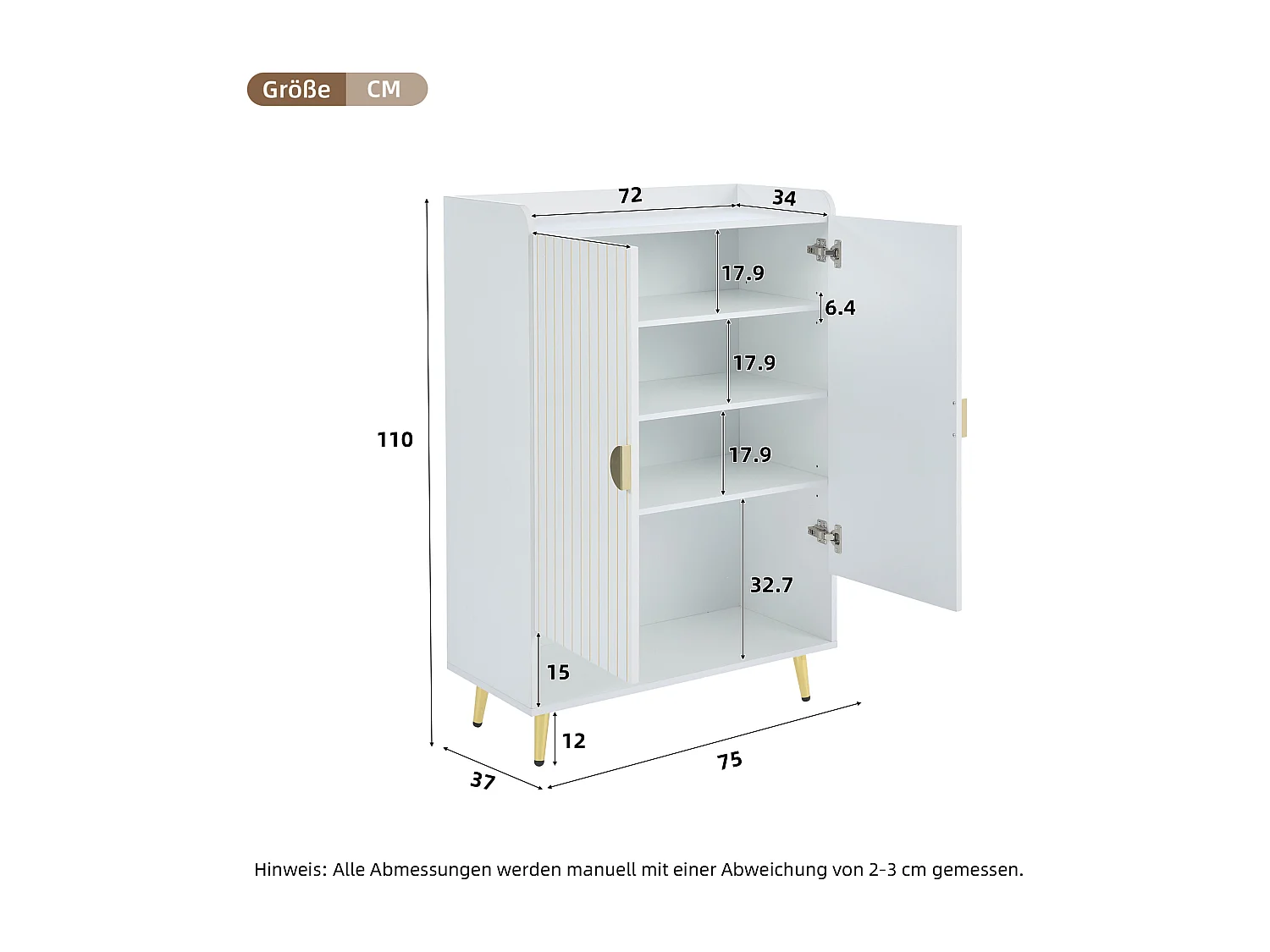 Meuble à chaussures moderne, portes doubles, 3 étagères, MDF, blanc, 75x35x110 cm