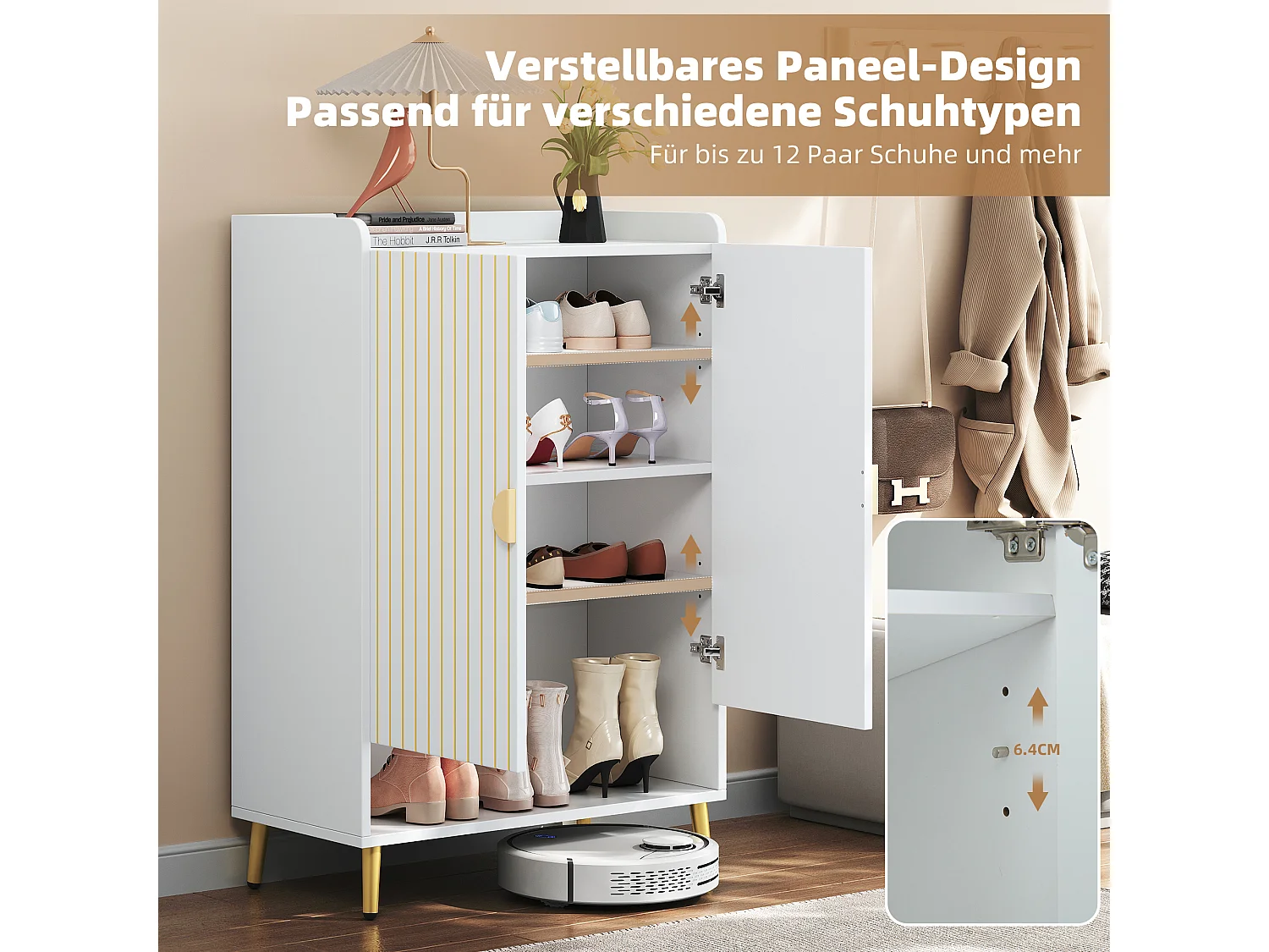 Meuble à chaussures moderne, portes doubles, 3 étagères, MDF, blanc, 75x35x110 cm