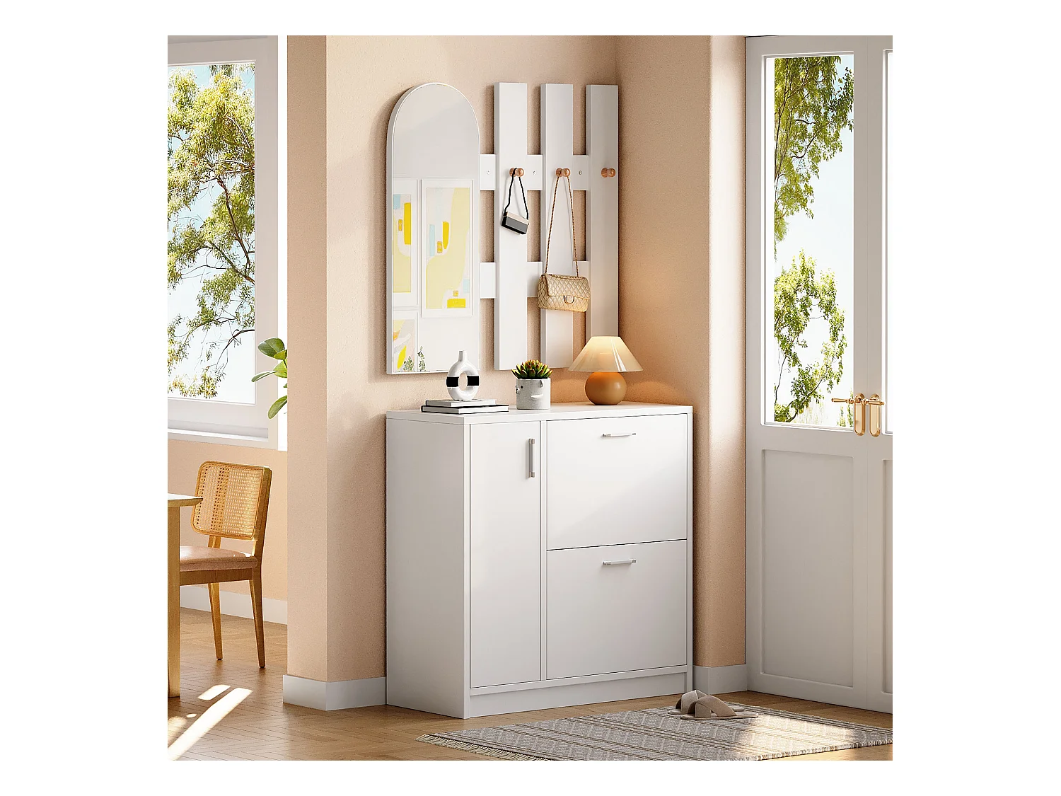 Meuble à chaussures avec porte rabattable, miroir et crochets, MDF, blanc, (80x35x80 cm)