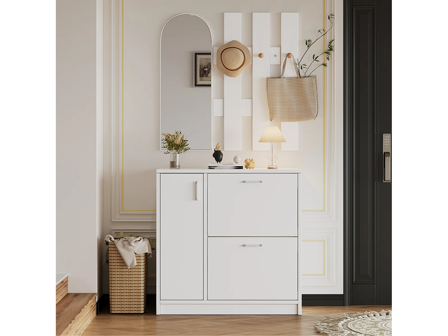 Meuble à chaussures avec porte rabattable, miroir et crochets, MDF, blanc, (80x35x80 cm)