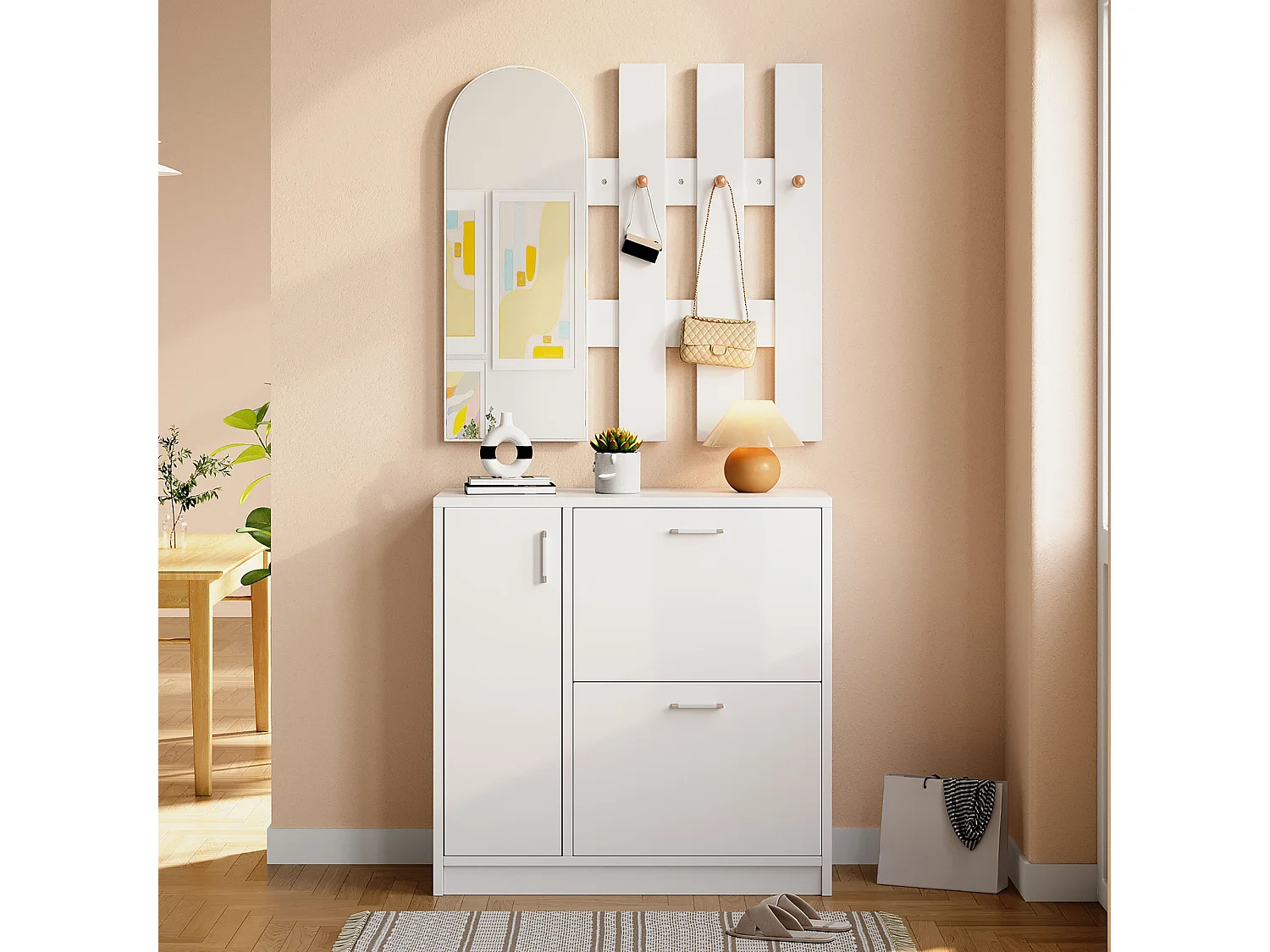 Meuble à chaussures avec porte rabattable, miroir et crochets, MDF, blanc, (80x35x80 cm)