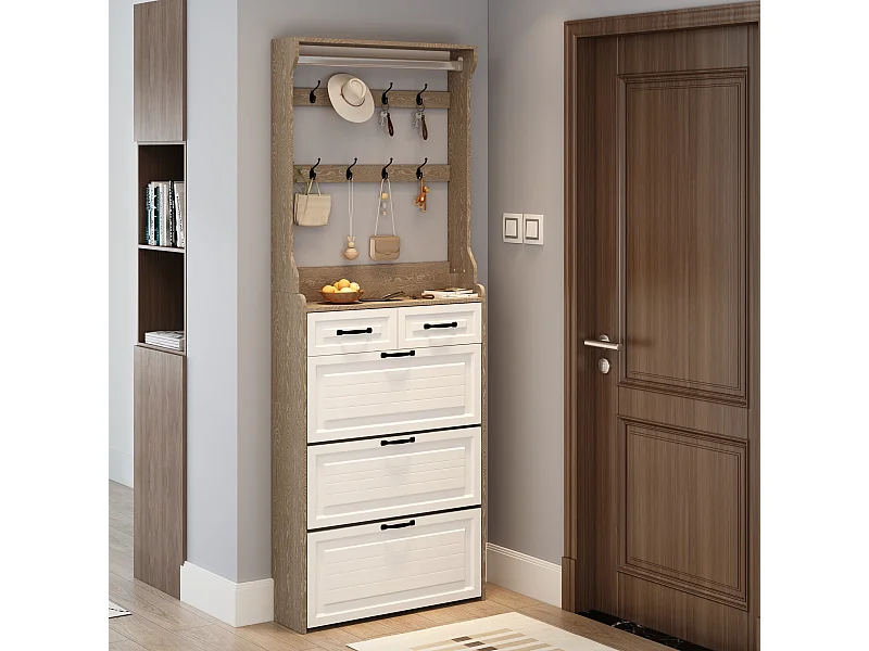 Meuble à chaussures avec porte, 3 portes rabattables et 2 tiroirs, MDF, blanc et chêne (80x23.5x220 cm)