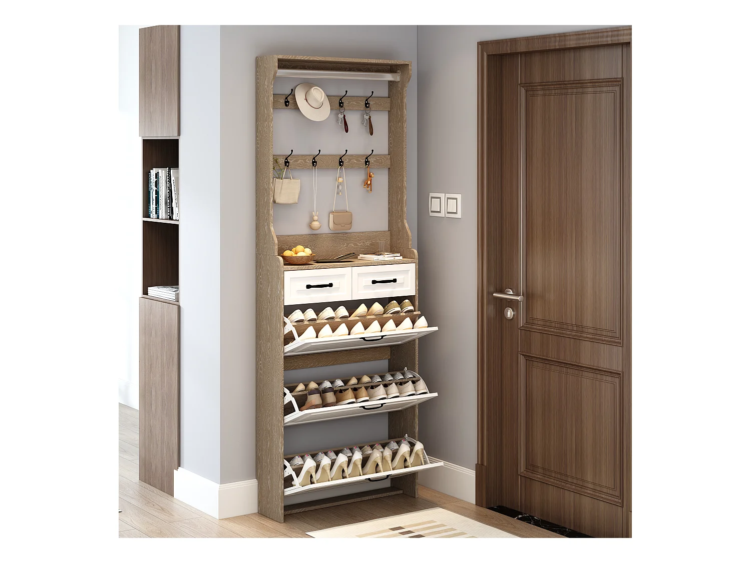 Meuble à chaussures avec porte, 3 portes rabattables et 2 tiroirs, MDF, blanc et chêne (80x23.5x220 cm)