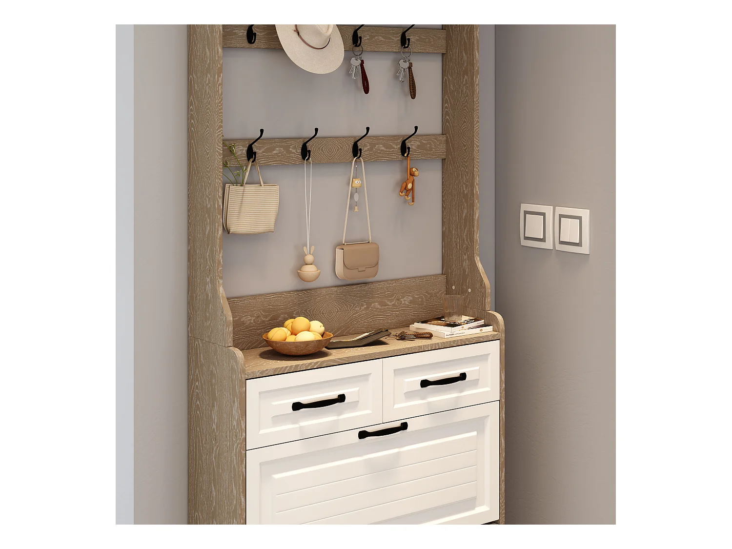 Meuble à chaussures avec porte, 3 portes rabattables et 2 tiroirs, MDF, blanc et chêne (80x23.5x220 cm)