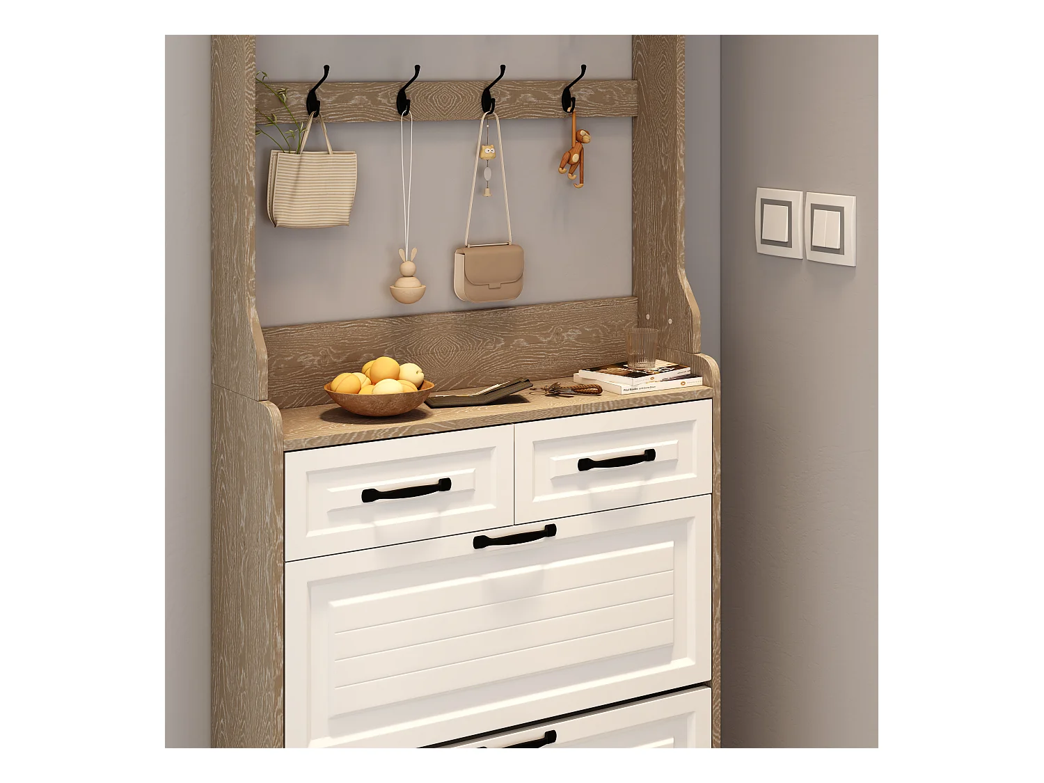 Meuble à chaussures avec porte, 3 portes rabattables et 2 tiroirs, MDF, blanc et chêne (80x23.5x220 cm)