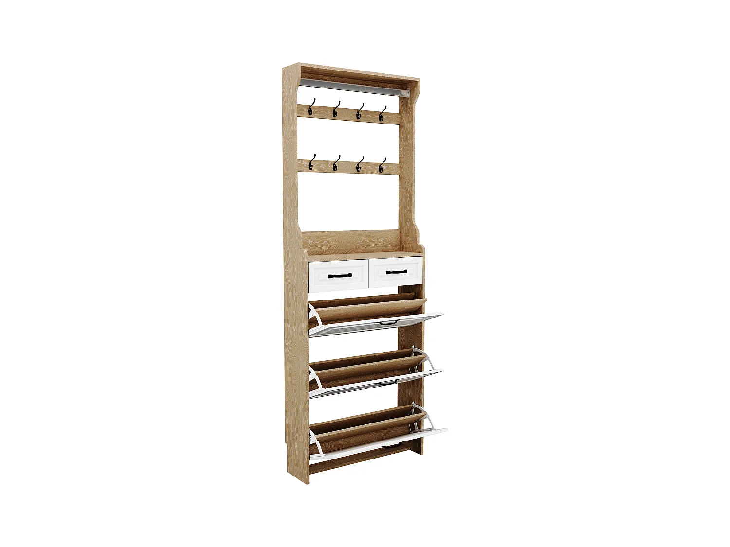 Meuble à chaussures avec porte, 3 portes rabattables et 2 tiroirs, MDF, blanc et chêne (80x23.5x220 cm)