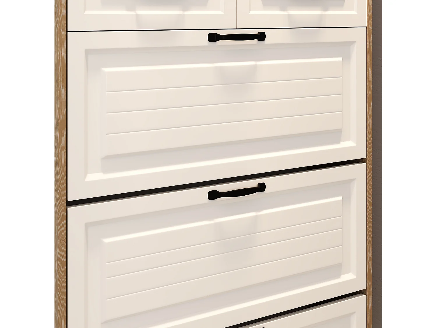 Meuble à chaussures avec porte, 3 portes rabattables et 2 tiroirs, MDF, blanc et chêne (80x23.5x220 cm)