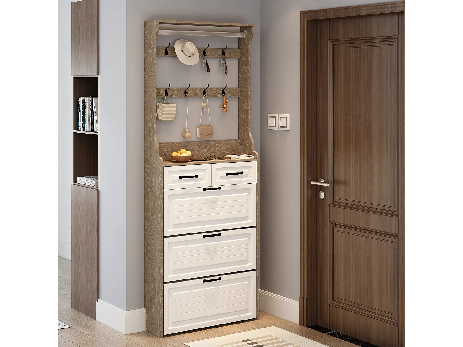 Meuble à chaussures avec porte, 3 portes rabattables et 2 tiroirs, MDF, blanc et chêne (80x23.5x220 cm)