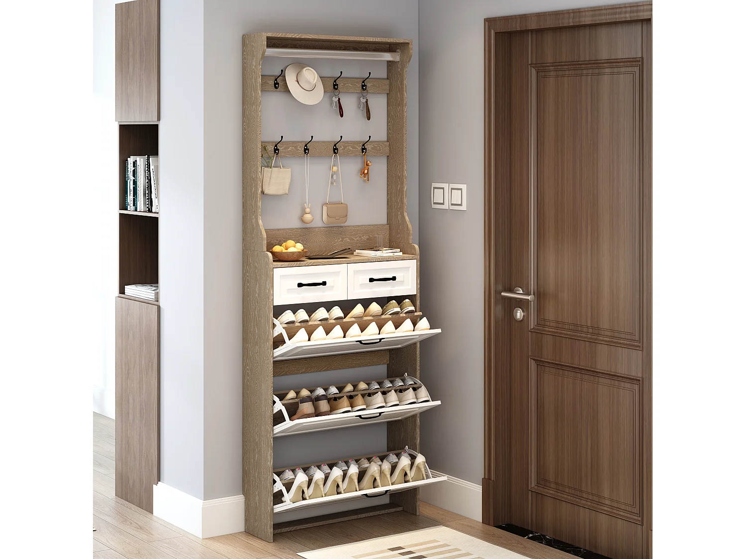 Meuble à chaussures avec porte, 3 portes rabattables et 2 tiroirs, MDF, blanc et chêne (80x23.5x220 cm)