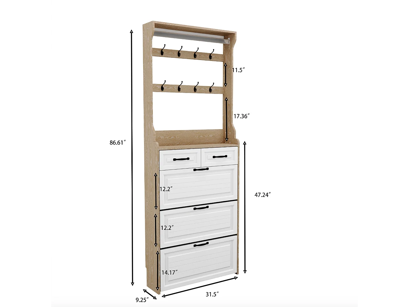 Meuble à chaussures avec porte, 3 portes rabattables et 2 tiroirs, MDF, blanc et chêne (80x23.5x220 cm)