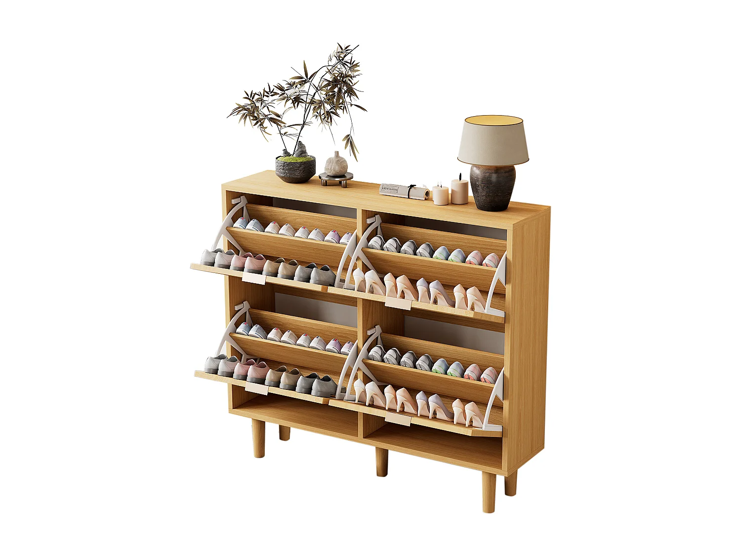 Armoire à chaussures en rotin naturel, 4 tiroirs, design en bois, avec 2 portes et étagères ajustables (100x25x90 cm)