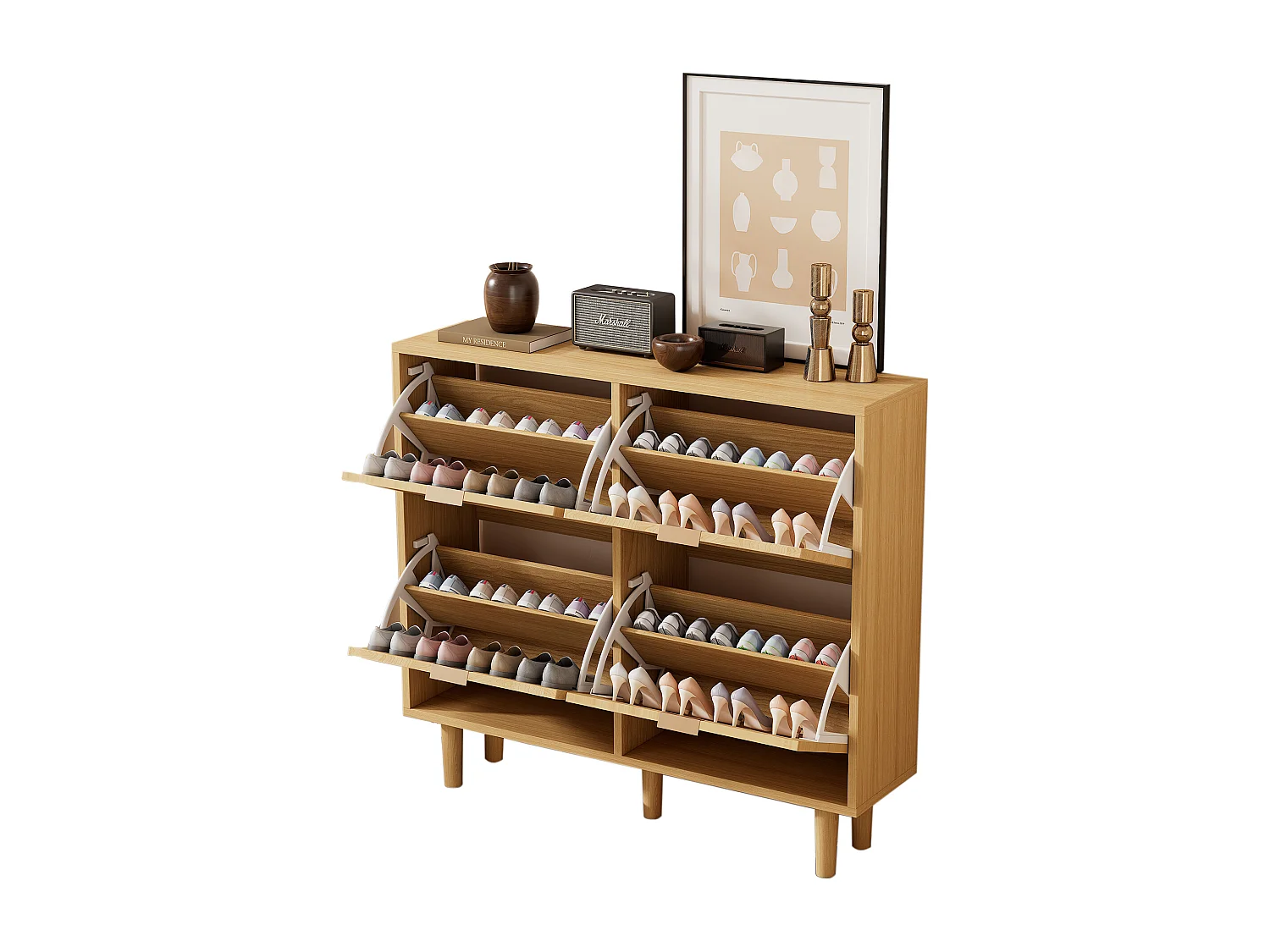 Armoire à chaussures en rotin naturel, 4 tiroirs, design en bois, avec 2 portes et étagères ajustables (100x25x90 cm)