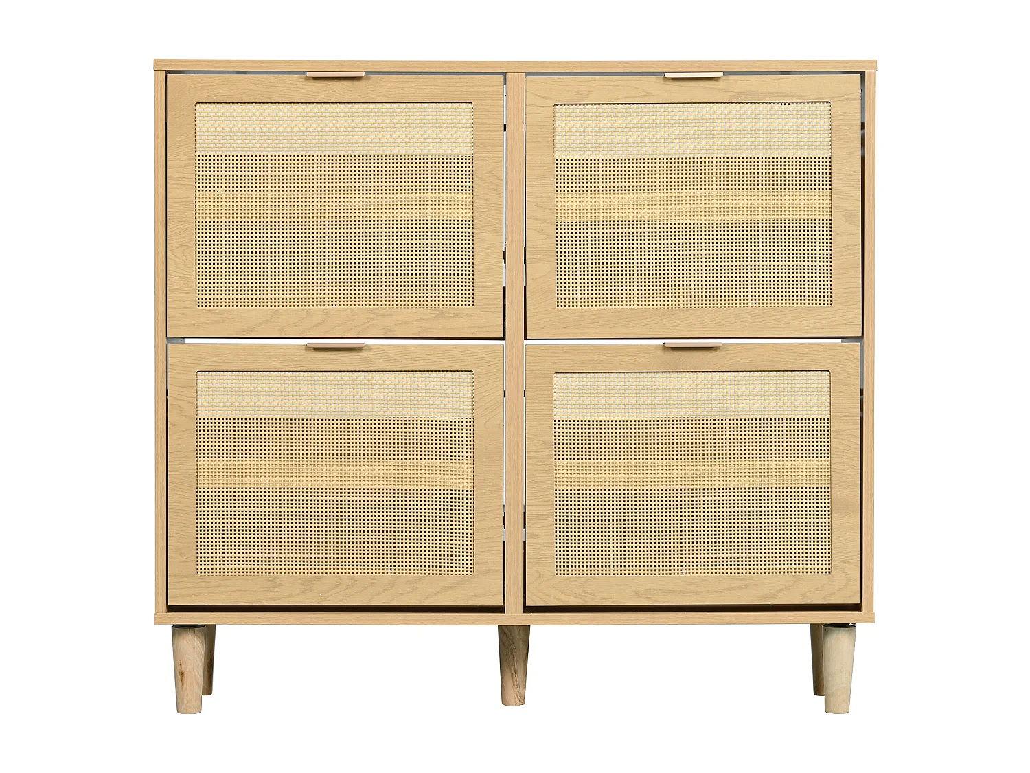 Armoire à chaussures en rotin naturel, 4 tiroirs, design en bois, avec 2 portes et étagères ajustables (100x25x90 cm)
