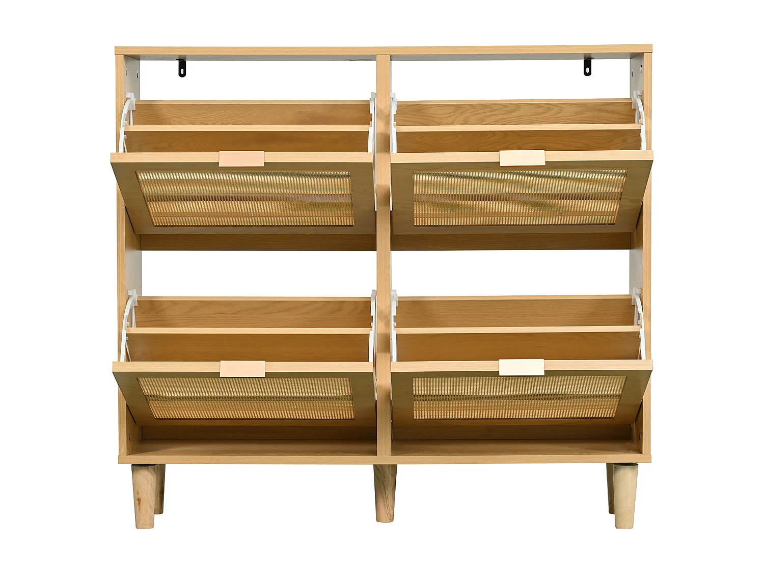 Armoire à chaussures en rotin naturel, 4 tiroirs, design en bois, avec 2 portes et étagères ajustables (100x25x90 cm)