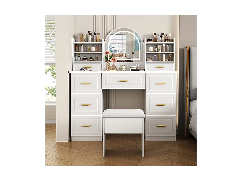 Coiffeuse avec miroir, LED, 9 tiroirs, table de maquillage, blanche (120x40x135 cm)