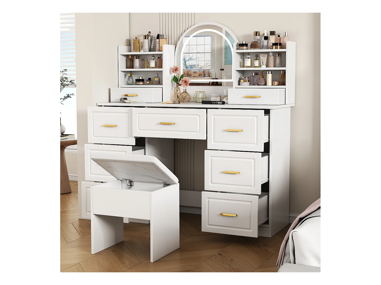 Kaptafel met spiegel, LED, 9 lades, make-uptafel, wit (120x40x135 cm)