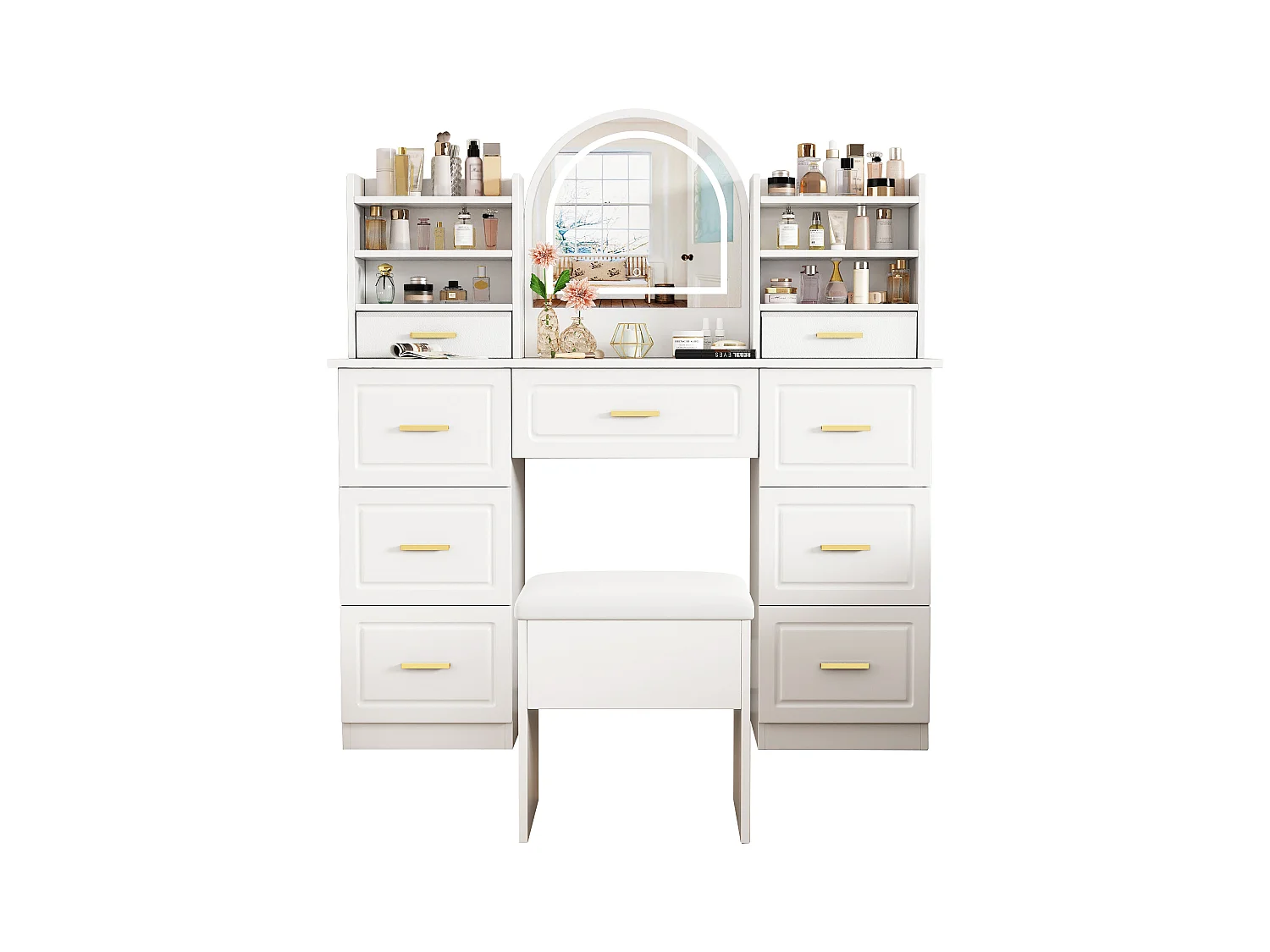 Kaptafel met spiegel, LED, 9 lades, make-uptafel, wit (120x40x135 cm)