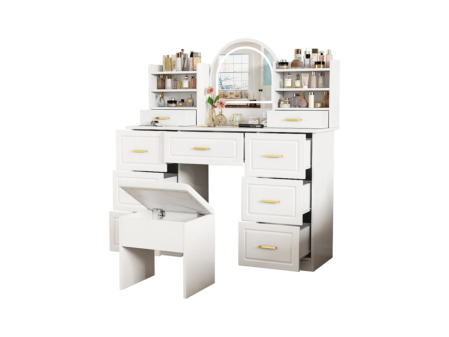 Kaptafel met spiegel, LED, 9 lades, make-uptafel, wit (120x40x135 cm)