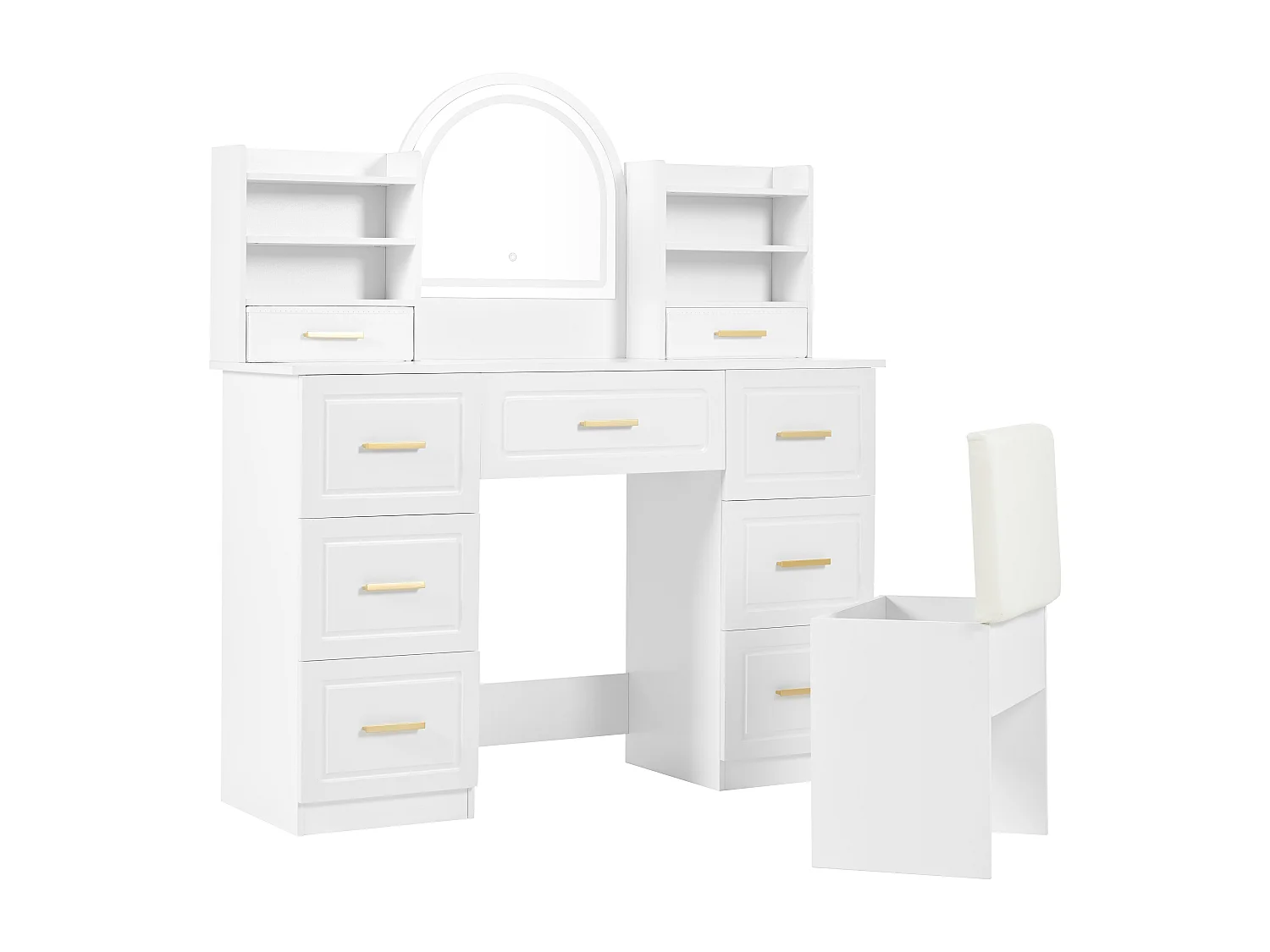 Coiffeuse avec miroir, LED, 9 tiroirs, table de maquillage, blanche (120x40x135 cm)