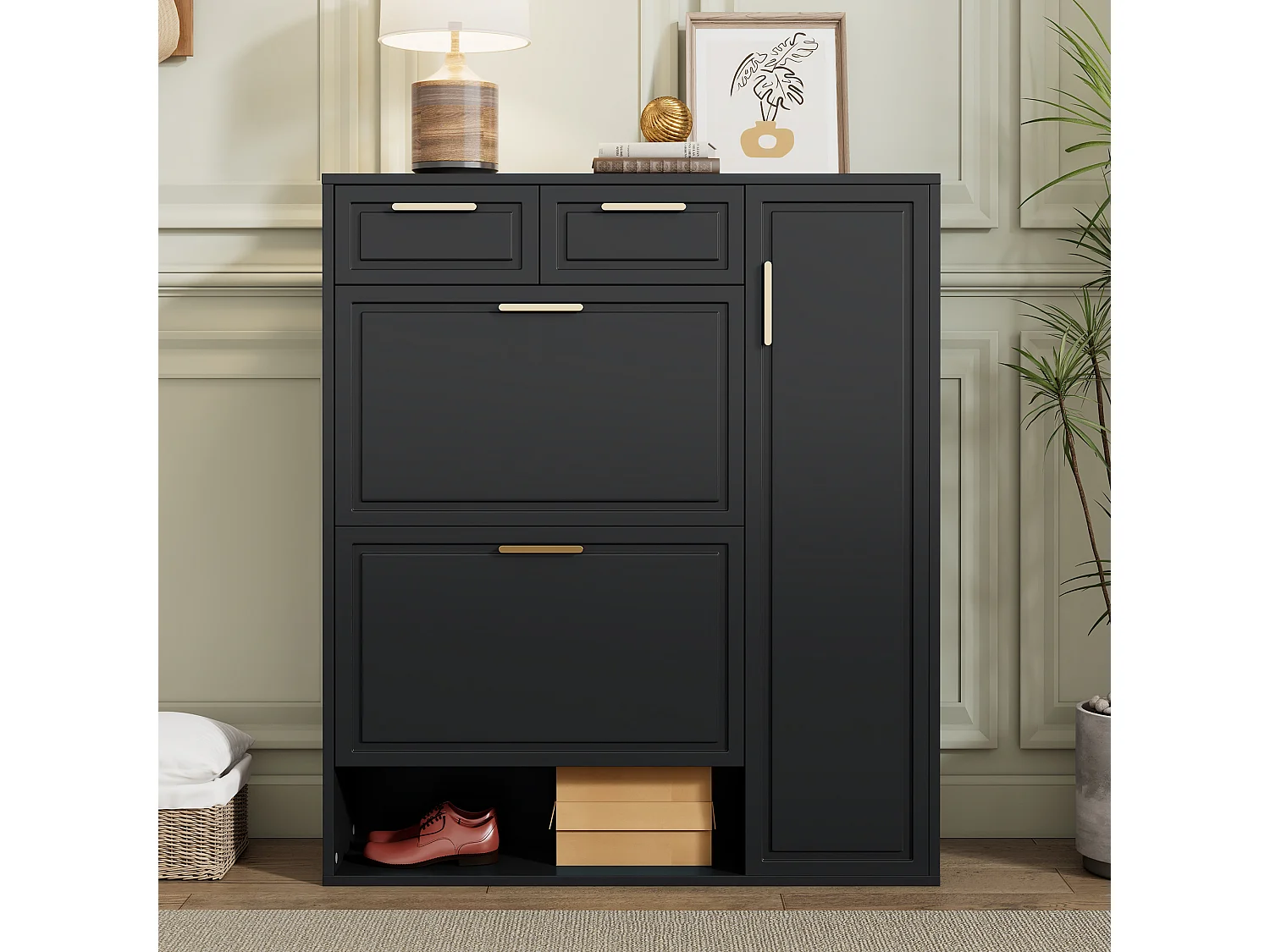 Scarpiera con 3 cassetti ribaltabili e 1 anta, ripiano portascarpe in legno con maniglie in metallo, nero (90x25x121 cm)