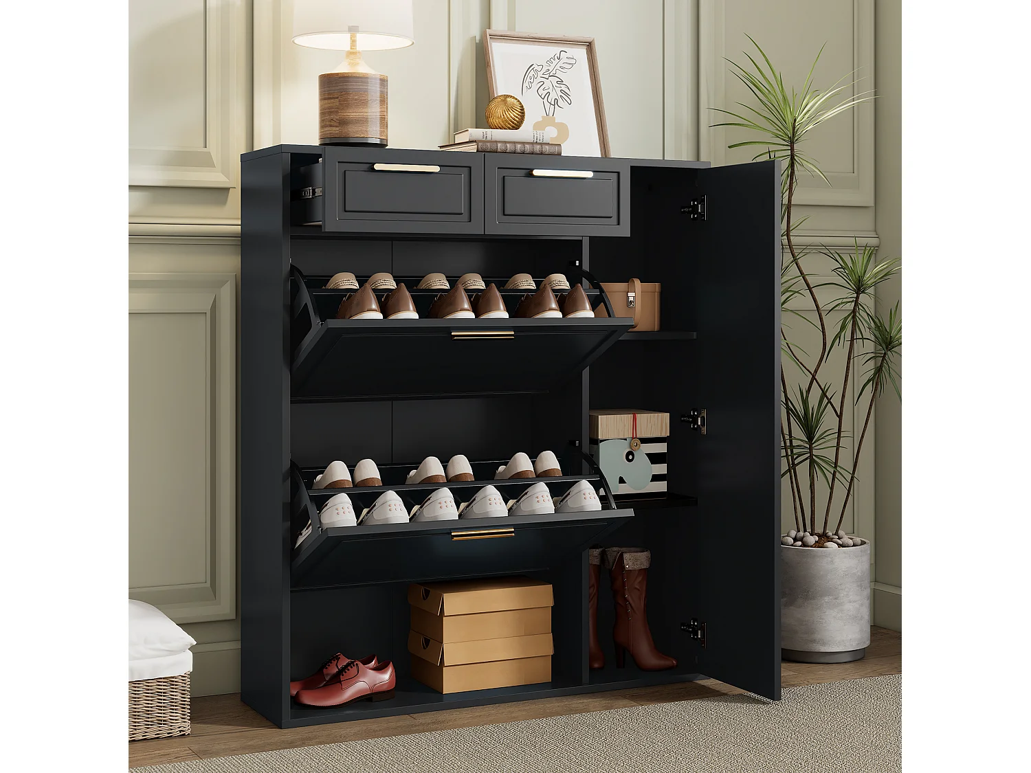 Scarpiera con 3 cassetti ribaltabili e 1 anta, ripiano portascarpe in legno con maniglie in metallo, nero (90x25x121 cm)