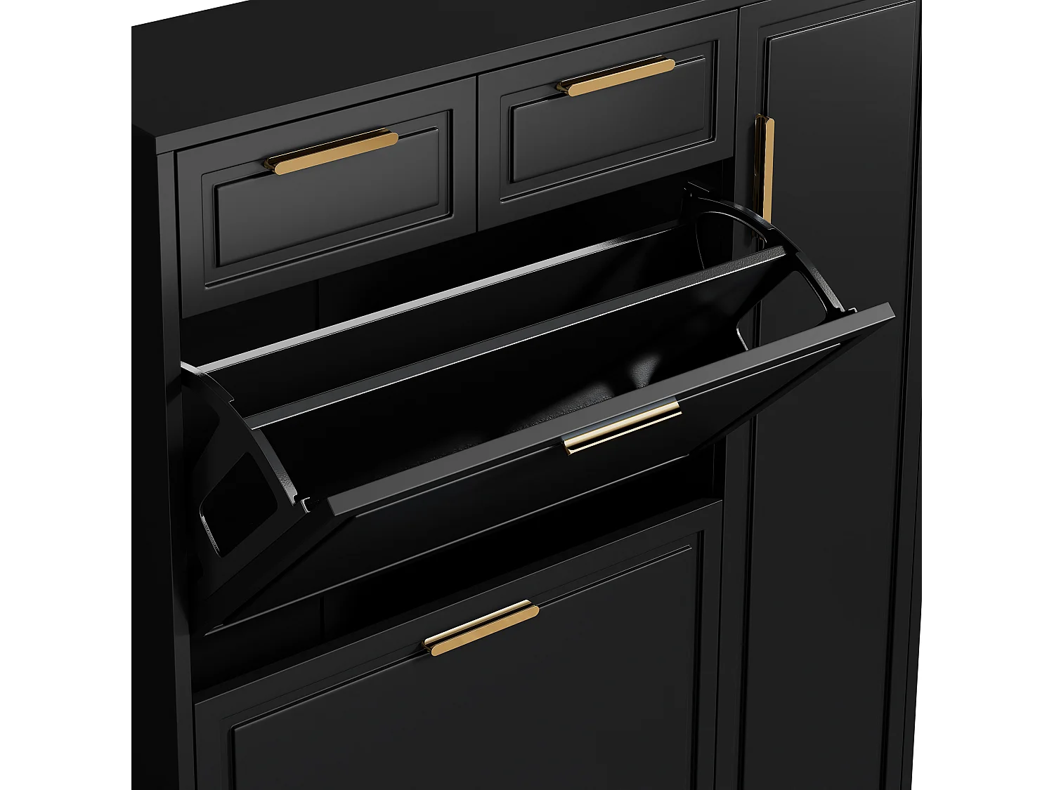 Scarpiera con 3 cassetti ribaltabili e 1 anta, ripiano portascarpe in legno con maniglie in metallo, nero (90x25x121 cm)