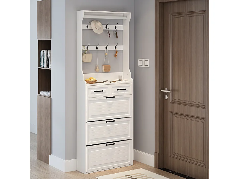 Meuble à chaussures avec porte, 3 portes rabattables et 2 tiroirs, MDF, blanc (80x23.5x220 cm)