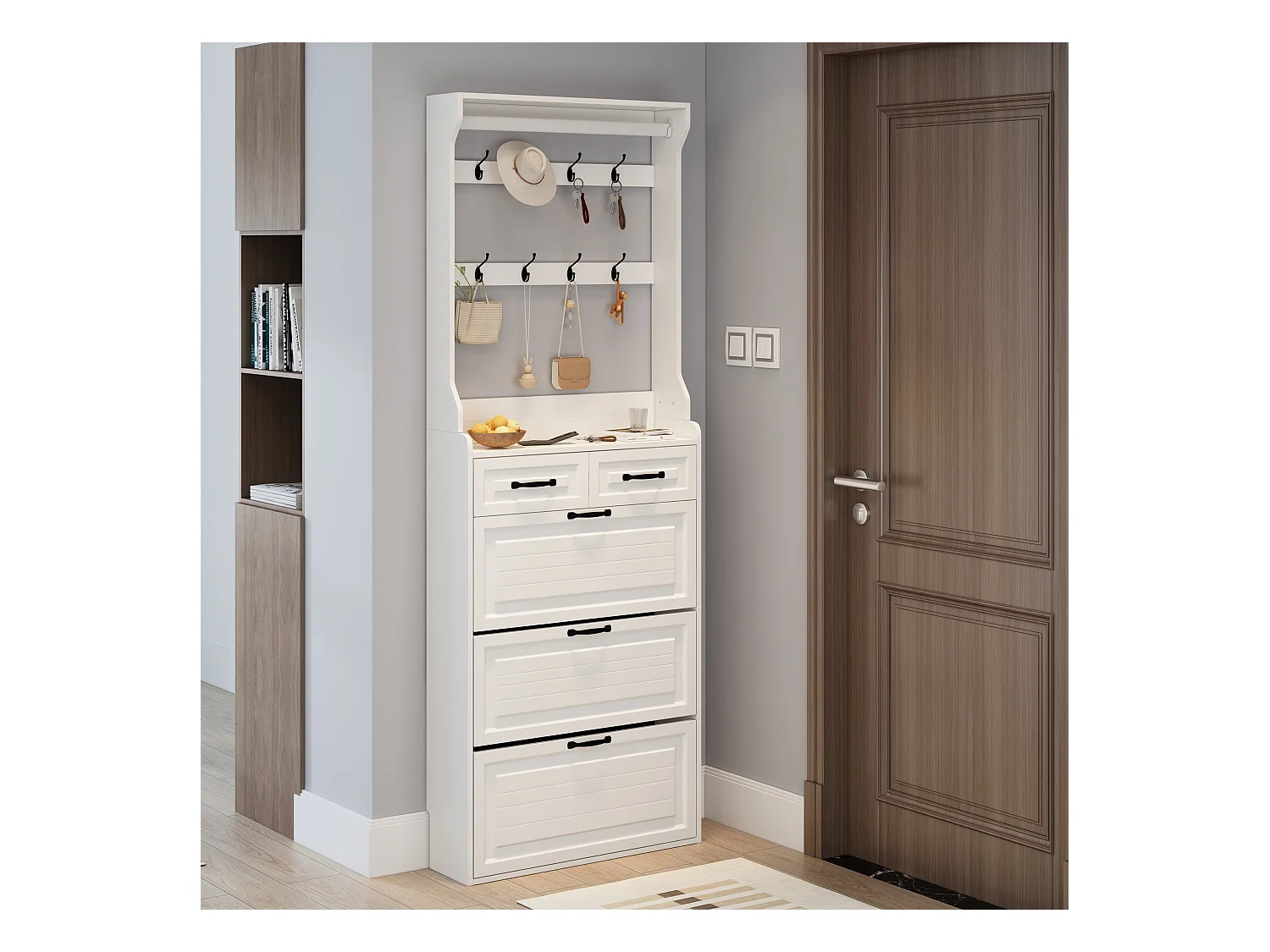 Meuble à chaussures avec porte, 3 portes rabattables et 2 tiroirs, MDF, blanc (80x23.5x220 cm)